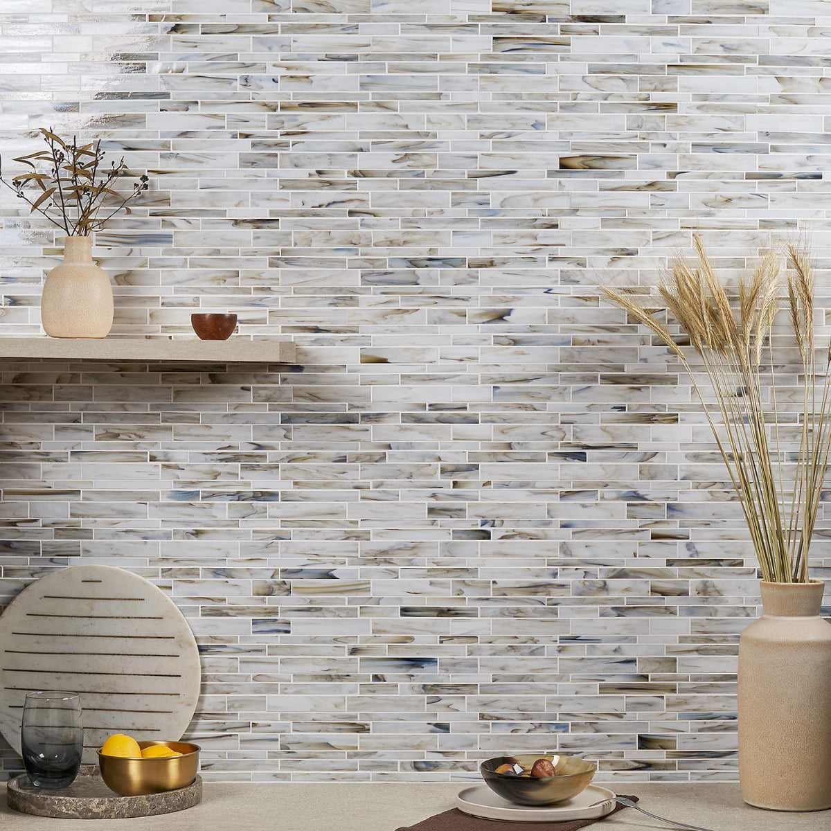 Matchstix Aura White Brick Polished Glass Mosaic; in White with Hint of Brown + Gray Stained Glass; for Backsplash, Bathroom Wall, Kitchen Wall, Outdoor Wall, Pool Tile, Shower Wall, Wall Tile; in Style Ideas Beach, Classic, Contemporary, Tropical