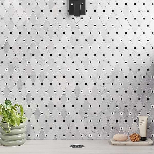 Octave White Carrara With Black Dot Marble 2x4 Polished Mosaic Tile