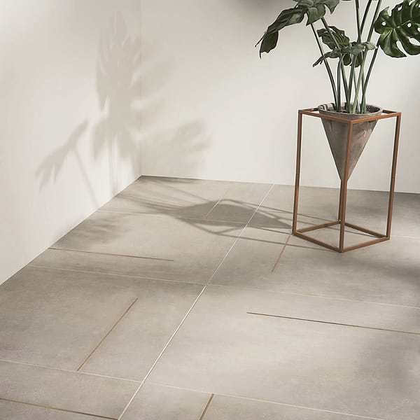 Lines Brass Inlay Greige 24x24 Porcelain Tile with Matte Finish and Brass Lines