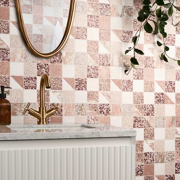 Elizabeth Sutton Artem Flamingo Terracotta Pink 3x3 Polished & Honed Marble and Terrazzo Mosaic Tile