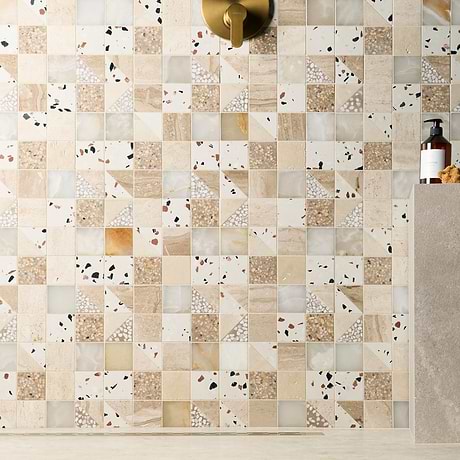 Elizabeth Sutton Artem Paloma Beige & Cream 3x3 Polished & Honed Marble and Terrazzo Mosaic Tile