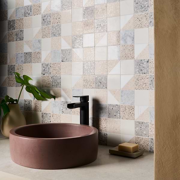 Elizabeth Sutton Artem Swan White & Cream 3x3 Polished & Honed Marble and Terrazzo Mosaic Tile