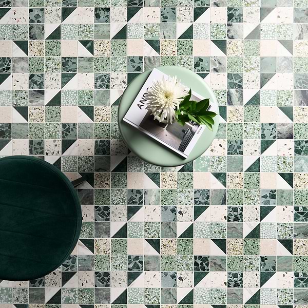 Elizabeth Sutton Artem Turaco Green 3x3 Polished & Honed Marble and Terrazzo Mosaic Tile