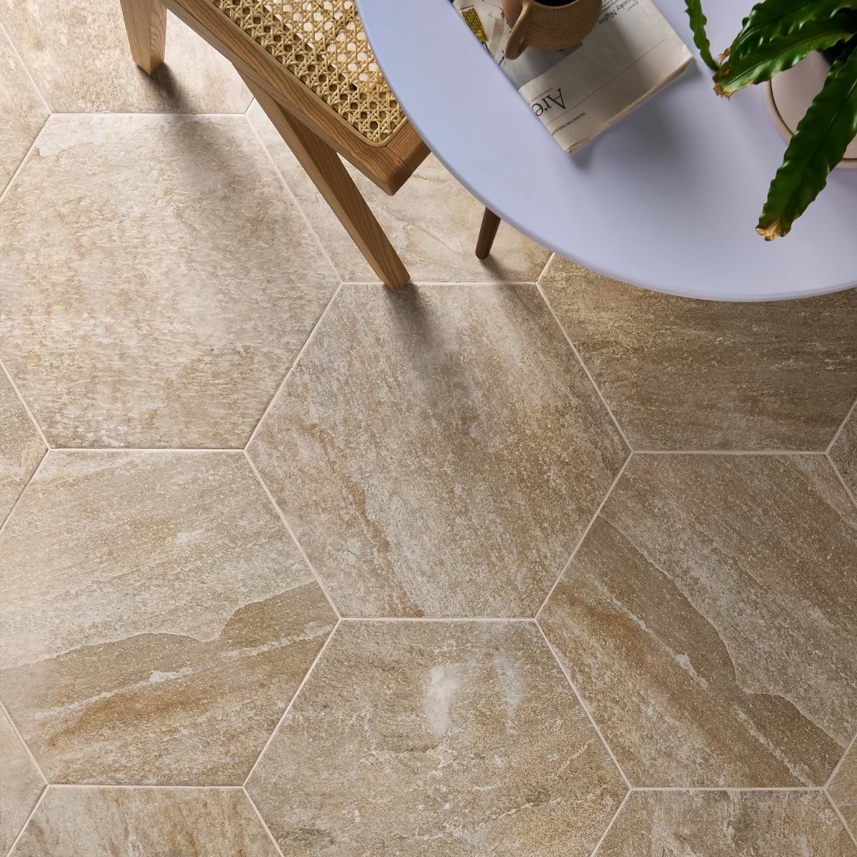 Shala Sand Beige 20" Hexagon Matte Porcelain Tile; in Beige Porcelain; for Backsplash, Bathroom Floor, Bathroom Wall, Commercial Floor, Floor Tile, Kitchen Floor, Kitchen Wall, Outdoor Floor, Outdoor Wall, Pool Tile, Shower Floor, Shower Wall, Wall Tile; in Style Ideas Farmhouse, Mid Century, Rustic, Traditional, Transitional