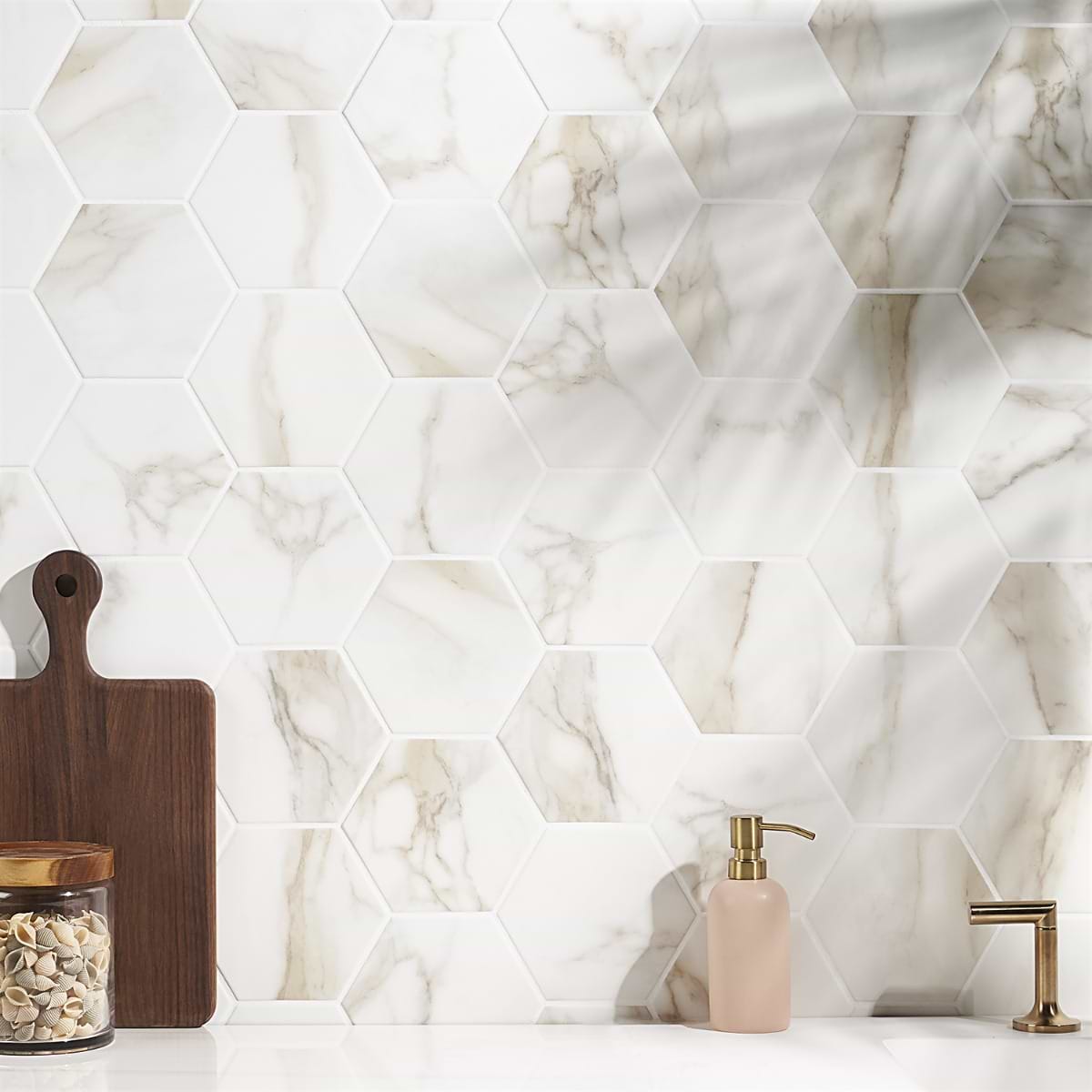 Amalfi Calacatta White 6" Hexagon Matte Porcelain Tile; in White with Gold Veining  Porcelain; for Backsplash, Bathroom Wall, Kitchen Wall, Outdoor Wall, Pool Tile, Shower Wall, Wall Tile; in Style Ideas Classic, Contemporary, Craftsman, Farmhouse, Mid Century, Modern, Traditional, Transitional; released 2025; new, trends
