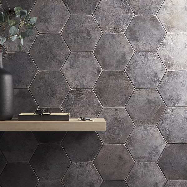 Kalay Antracite Gray 9" Hexagon Polished Porcelain Tile