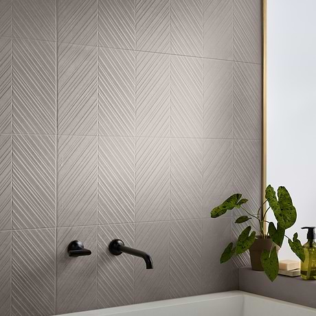 Stoneside Linen Warm Gray Chevron 12x36 Textured Matte Ceramic Tile