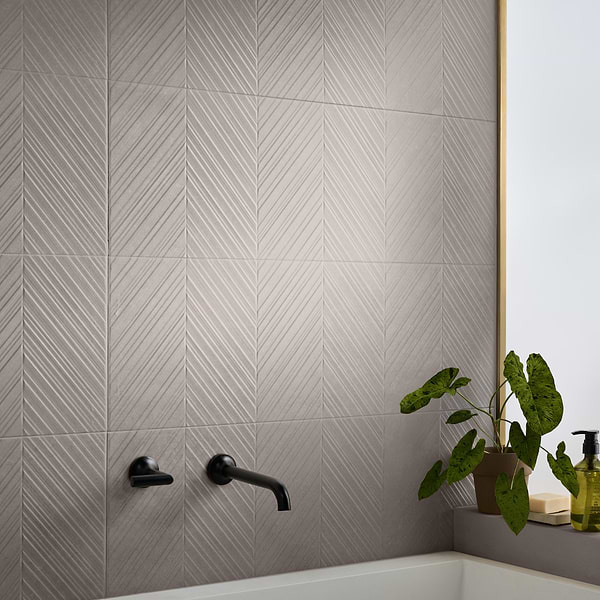 Stoneside Linen Warm Gray Chevron 12x36 Matte Ceramic Tile