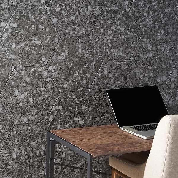 Six Hexagon Graphite Gray 12.5" Terrazzo Look Matte Porcelain Tile