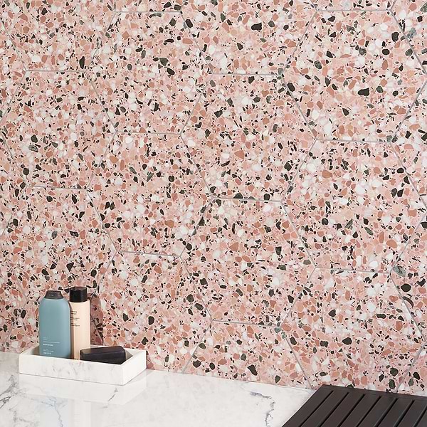 Six Hexagon Earth Pink 12.5" Terrazzo Look Matte Porcelain Tile