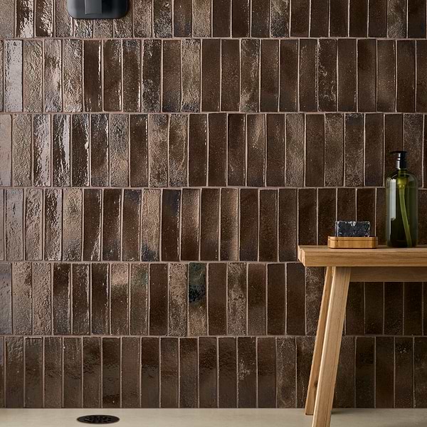Emery Coffee Brown 2x8 Handmade Crackled Glossy Terracotta Tile