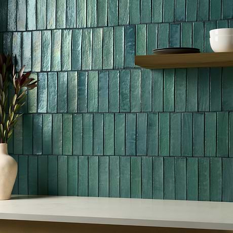 Emery Laguna Green 2x8 Handmade Crackled Matte Terracotta Tile