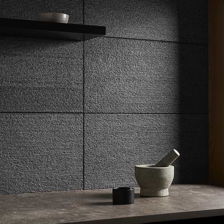 Rakestone Carved Comb Noir Black 12x24 Textured Honed Basalt Stone Tile