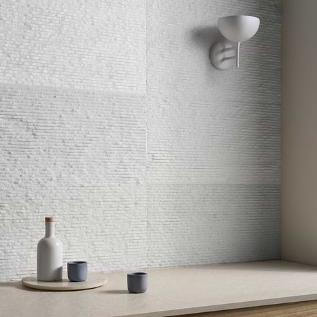 Rakestone Carved Split Bianco Ice White 12x24 Textured Honed Marble Tile