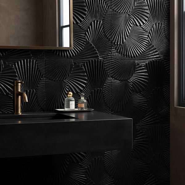Okeanos Carved Black Jade 16x16 3D Honed Marble Tile in Black, View 2, open zoomed image