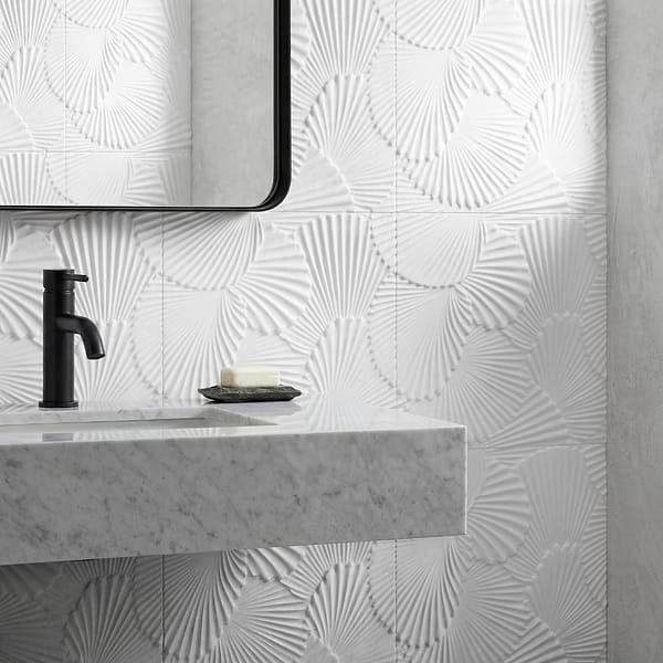 Okeanos Carved White Thassos 16x16 3D Honed Marble Tile in White, View 2, open zoomed image