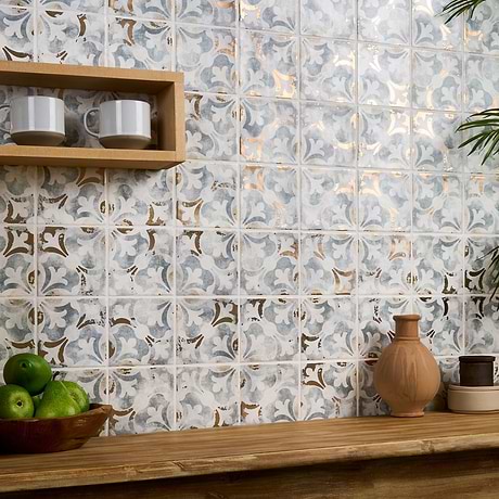 Paula Purroy Talia Bossa Blue Gray with Gold 5x5 Matte Ceramic Tile