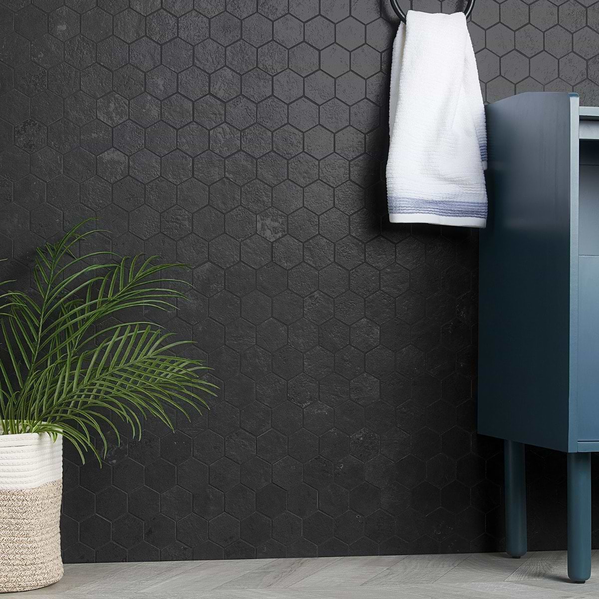 Portrait Black 2" Hexagon Matte Porcelain Mosaic; in Black Porcelain; for Backsplash, Bathroom Floor, Bathroom Wall, Commercial Floor, Floor Tile, Kitchen Floor, Kitchen Wall, Outdoor Floor, Outdoor Wall, Pool Tile, Shower Floor, Shower Wall, Wall Tile; in Style Ideas Contemporary, Industrial, Modern, Traditional, Transitional