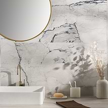 Romani Camouflage White 3D Textured Veining 24x48 Marble Look Satin Porcelain Tile