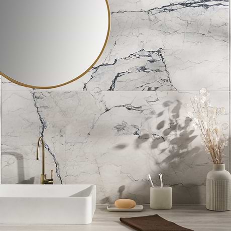Romani Camouflage White 3D Textured Veining 24x48 Marble Look Satin Porcelain Tile