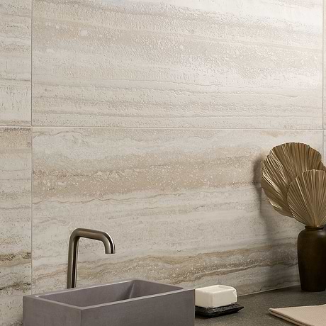 Romani Travertine Crema Beige 3D Textured Veining 24x48 Stone Look Satin Porcelain Tile