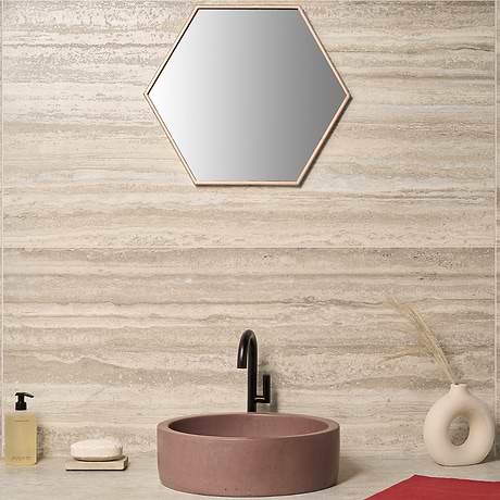 Romani Travertine Hazelnut Beige 3D Textured Veining 24x48 Stone Look Satin Porcelain Tile