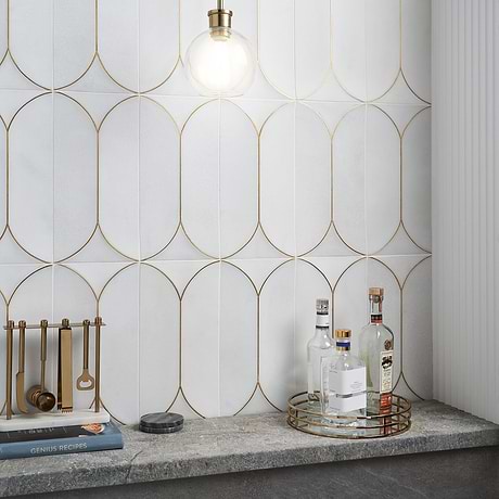 Calypso 3D Carved Bianco White Brass Inlay 8x16 Textured Honed Marble Limestone Tile