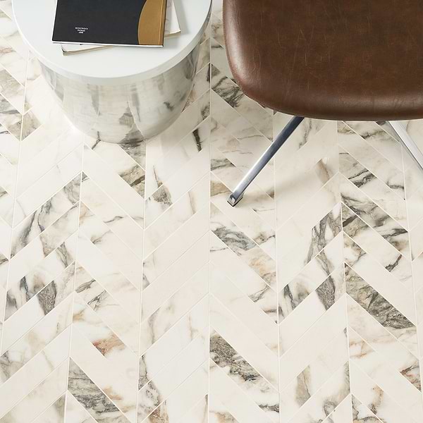 DreamStone Calacatta Rustico 2x8 Chevron Polished Porcelain Mosaic