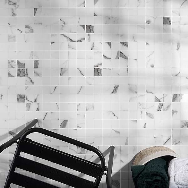 DreamStone Statuario Valley 2x2 Matte Porcelain Mosaic - Sample in White with Gray Brown Veining, View 1