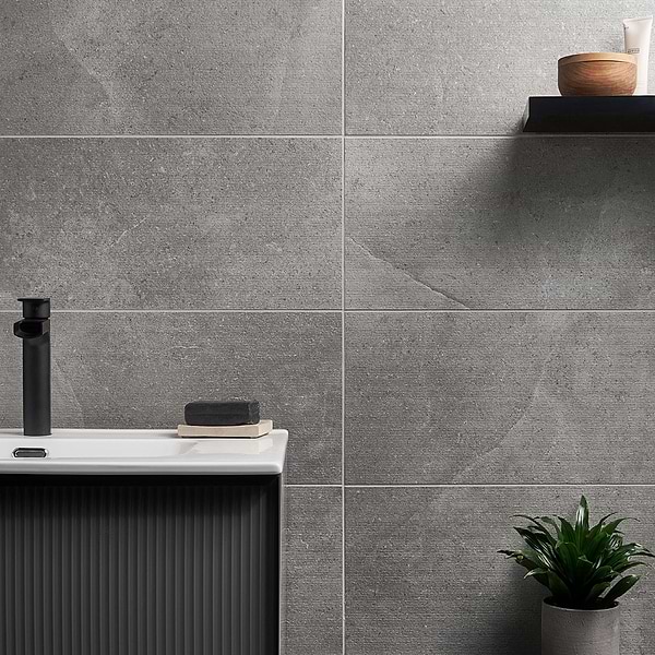 New Rock Fossil Dark Gray 12x24 Chiseled Limestone Look Matte Porcelain Tile 