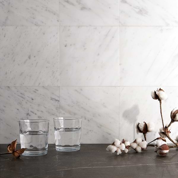 Barcode Liso Carrara White 8x8 Textured Honed Marble Tile by Michael Habachy in White, View 3, open zoomed image