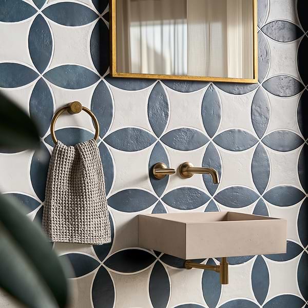 Raval Denim Blue 3x8 Petal and White 6x6 Kite Matte Porcelain Tile