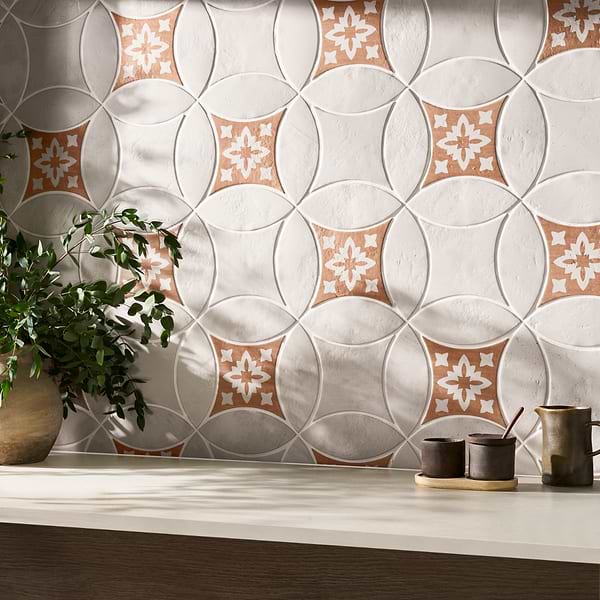 Raval White 3x8 Petal and 6x6 Kite with Deco Natalia Terracotta Kite Matte Porcelain Tile