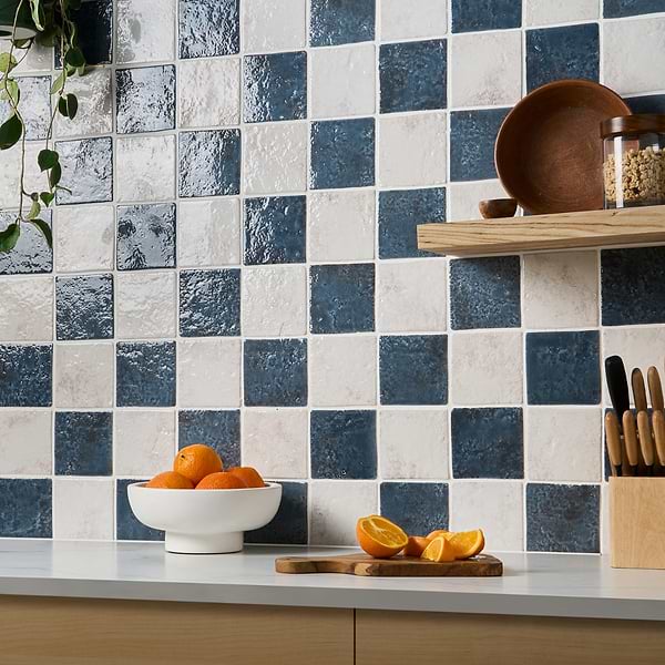 Greta Checkerboard Midnight Blue and Seashell White 5x5 Glossy Textured Porcelain Tile