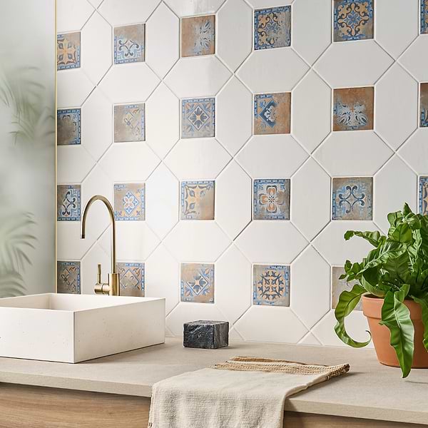 Morocco Blanco White 4x8 Glossy Picket and Medina Multicolor 4x4 Matte Square Porcelain Tile