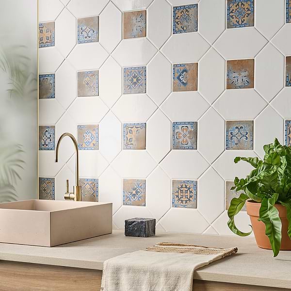 Morocco Blanco White 4x8 Glossy Picket and Medina Multicolor 4x4 Matte Square Porcelain Tile