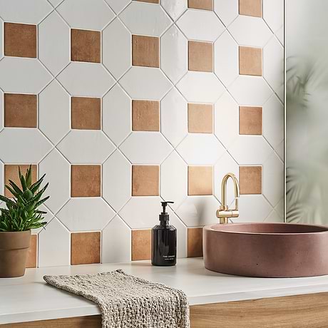 Morocco Blanco White 4x8 Glossy Picket and Terracotta 4x4 Matte Square Porcelain Tile