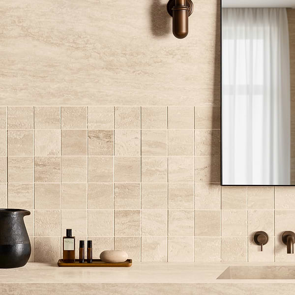Ivory Travertine Premium 4x4 Filled Brushed Vein Cut Tile