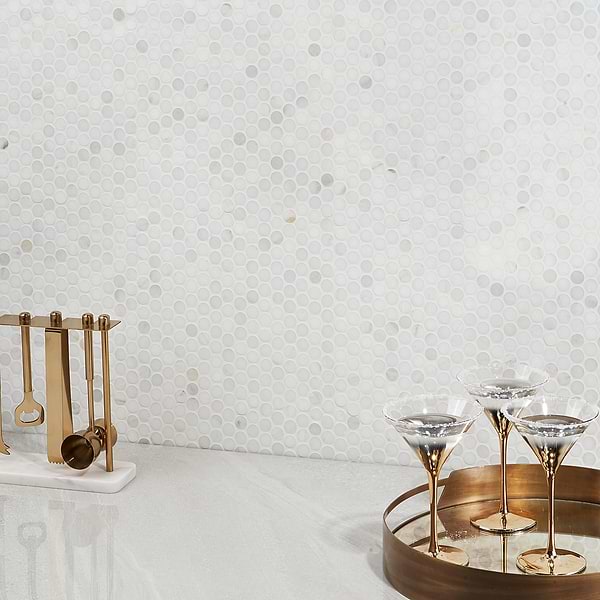 White Jade 1" Polished Marble Penny Round Mosaic Tile