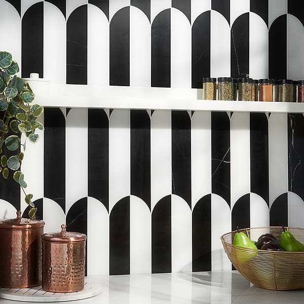 Altos Nero Polished Black Marble Mosaic Fish Scale Tile in Elongated Scallop Pattern