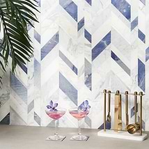 Amari Azur Polished Marble and Aluminum Chevron Mosaic Tile- Blue- White- Silver