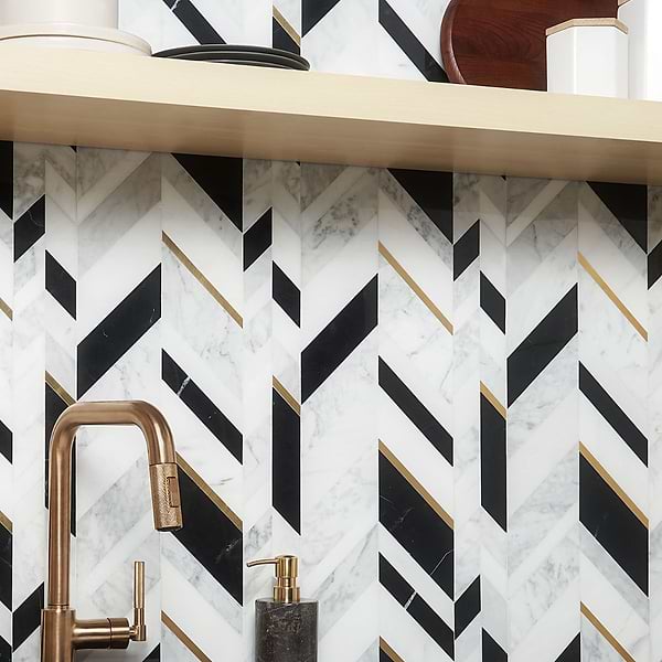 Amari Nero Blanco Polished Marble and Brass Mosaic Tile