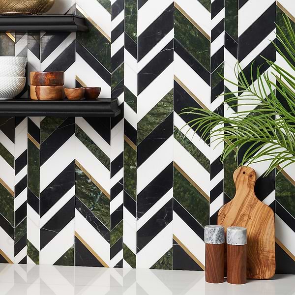 Amari Verde Green Jade Polished Marble and Brass Chevron Mosaic Tile