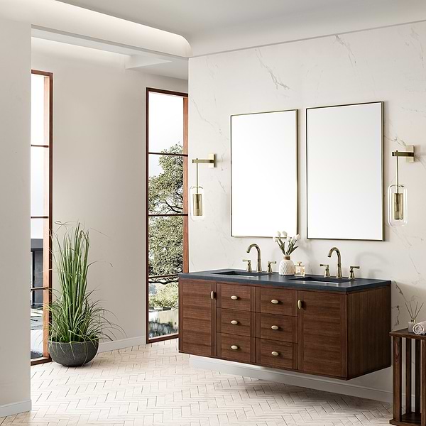 James Martin Vanities Amberly Mid-Century Walnut 60" Double Vanity with Charcoal Soapstone Quartz Top