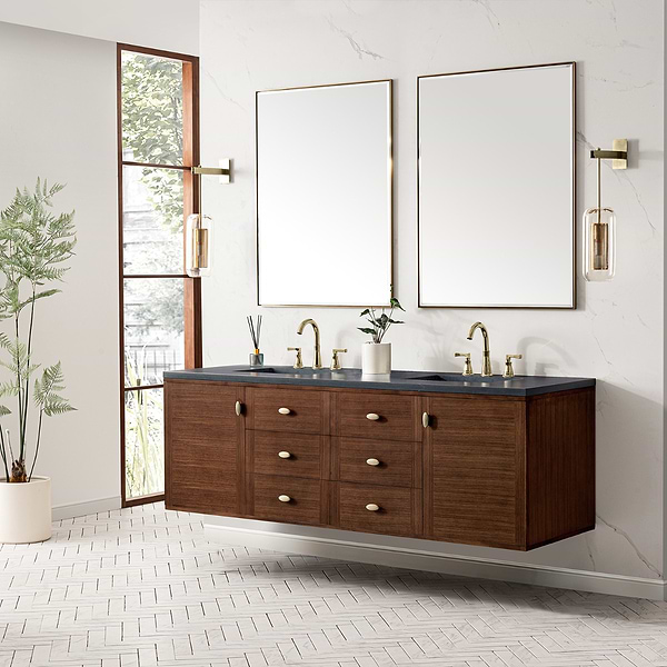 James Martin Vanities Amberly Mid-Century Walnut 72" Double Vanity with Charcoal Soapstone Quartz Top