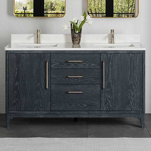 Kaitlin Navy Oak 60" Double Vanity with White Composite Stone Top