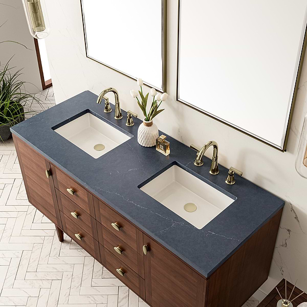 James Martin Vanities Amberly Mid-Century Walnut 60" Double Vanity with Charcoal Soapstone Quartz Top