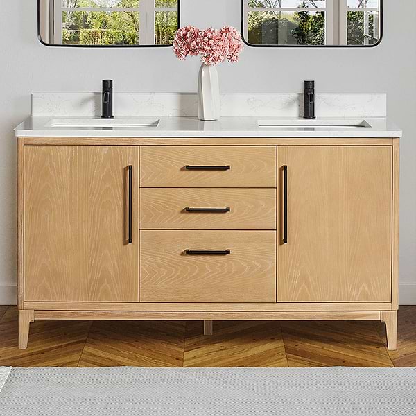 Kaitlin Blonde Oak 60" Double Vanity with White Composite Stone Top
