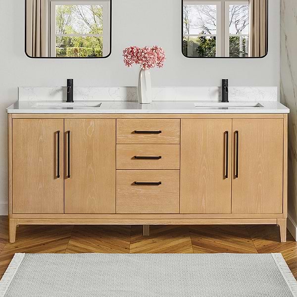 Kaitlin Blonde Oak 72" Double Vanity with White Composite Stone Top