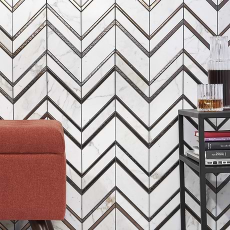 Magma Chevron Florence Bronze & White Polished Calacatta Marble & Lava Stone Mosaic Tile